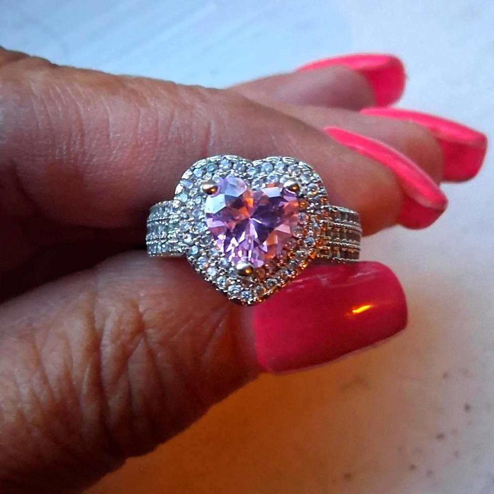 14K Gold Dipped Sterling Silver Heart-Shaped Halo Pink Sapphire  Ring